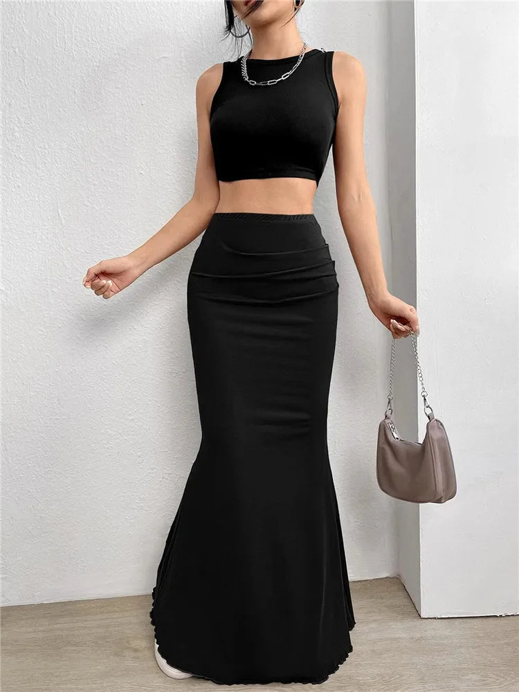 Solid Bodycon Ruched Long Skirt Women Sexy Black Elastic Elegant High Waist Mermaid Maxi Skirts Summer Streetwear