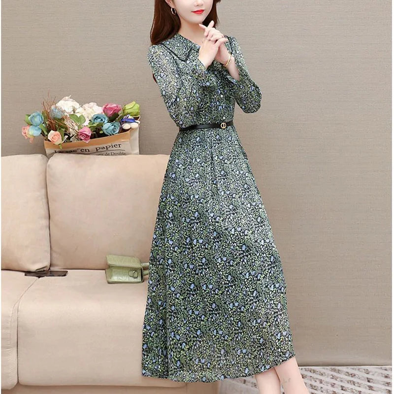 Elegant Peter Pan Collar Printed Belt Folds Lace Up Bow Midi Dress Women Clothing 2023 Autumn New Loose Office Lady Floral Dress