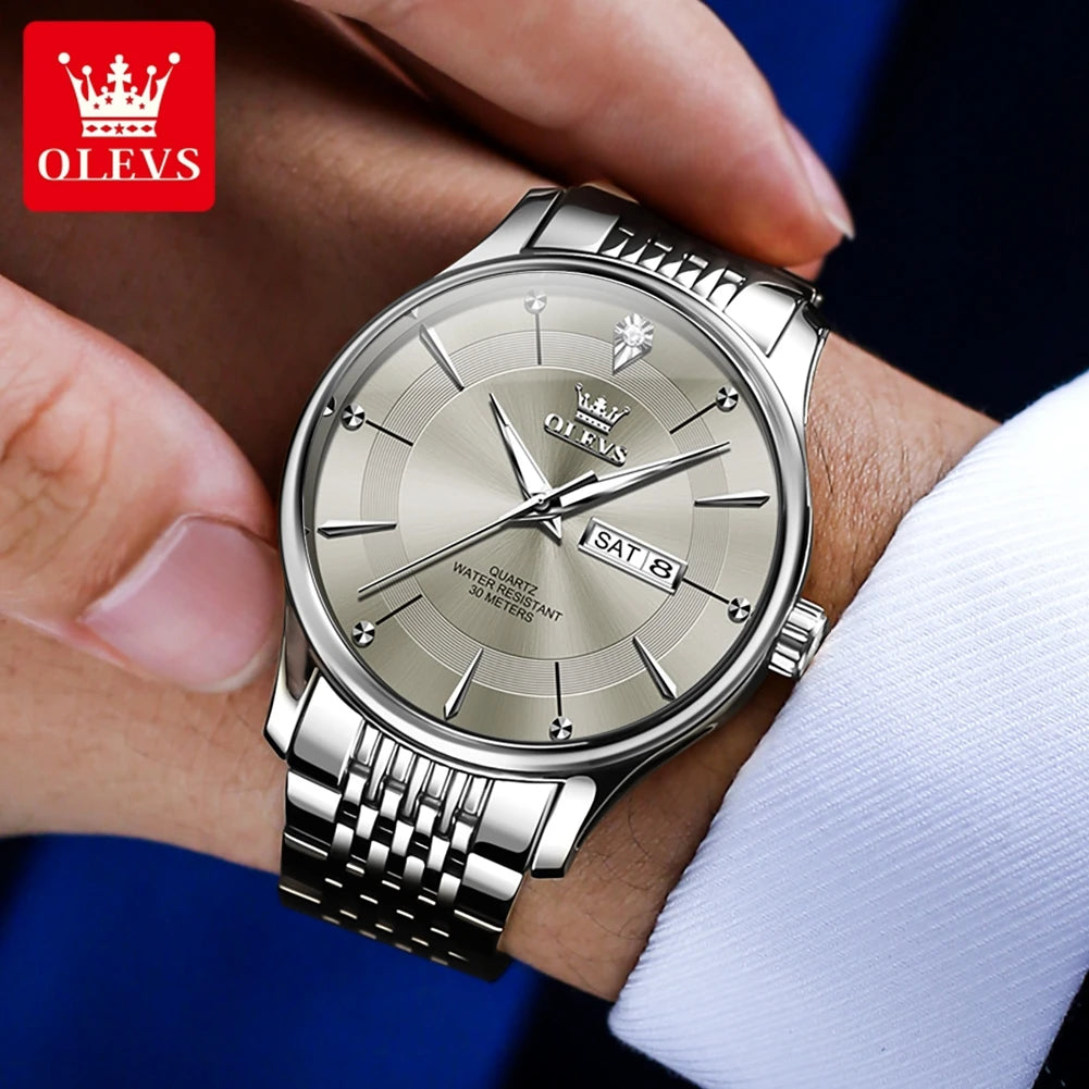 OLEVS Men's Watches Business Simply Original Quartz Watch for Man Waterproof Stainless Steel Luminous Hands Date Week