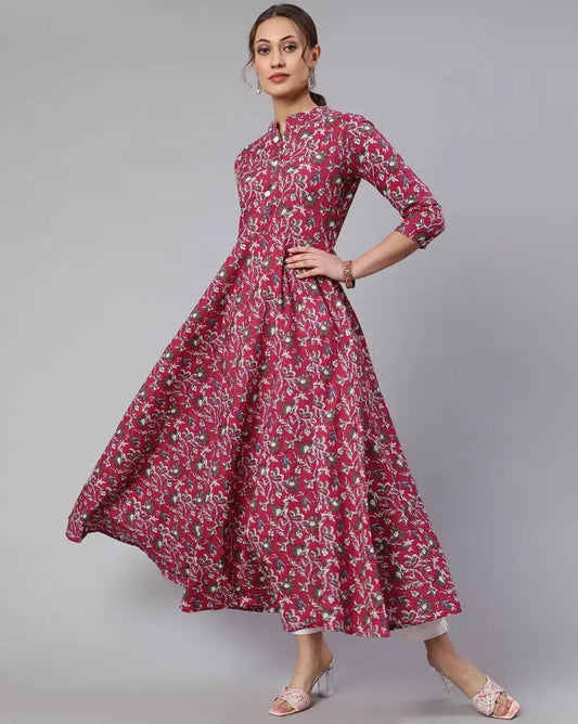 Indian Women Pink Floral A-Line Printed Kurta Kurti Dress Top Tunic Pakistani