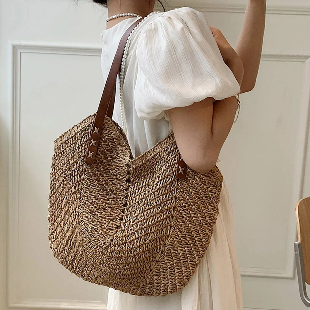 Summer Straw Bags for Women Straw Shoulder Bags Rattan Woven Top Handle Bag Hollow Raffia Crochet Beach Bag Casual Handbags 2023