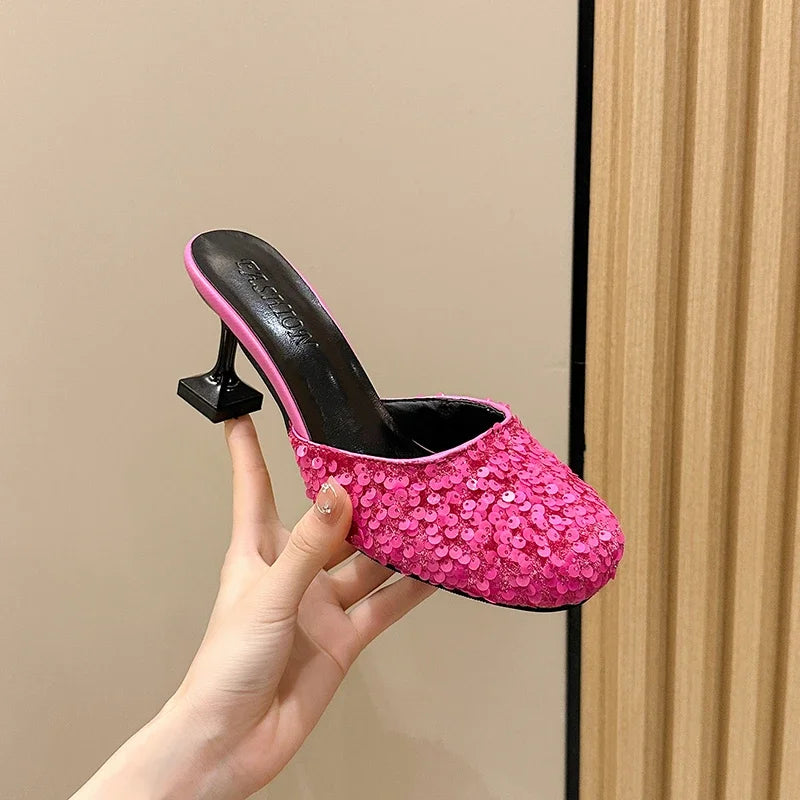 Bling Sequin Cloth Mules Shoes Women High Heels Close Toe Slides Elegant Ladies Pumps For Party Dress Shoes Female Shallow