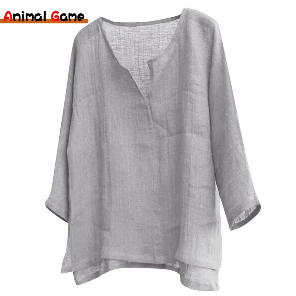 New Men's Linen Long Sleeve Plus Size Shirt Solid Color Casual Cotton Shirt V-neck Loose Tops S-5XL
