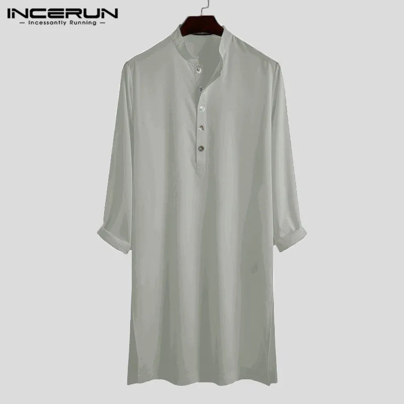 INCERUN Men Muslim Shirt Stand Collar Long Sleeve Islamic Arab Kaftan Solid Color Streetwear Casual Long Shirts Men Clothing 5XL