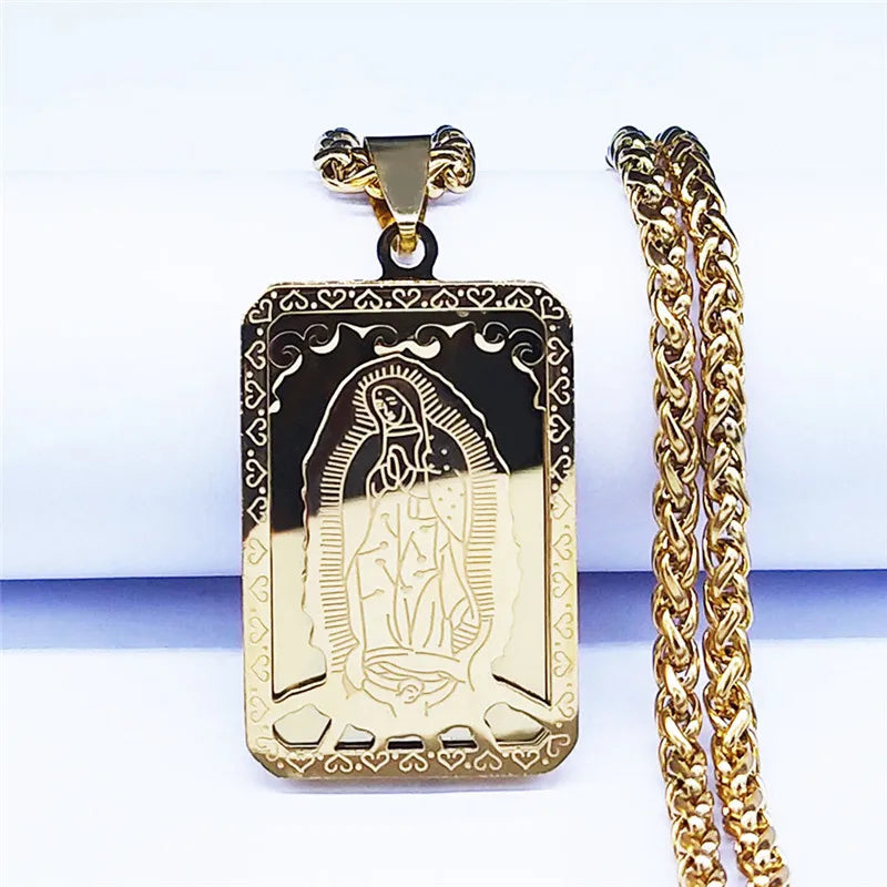 HNSP Virgin Mary Prayer Stainless Steel Pendant Chain Necklace For Men Women Jewelry Religion Tags Medal Accessories