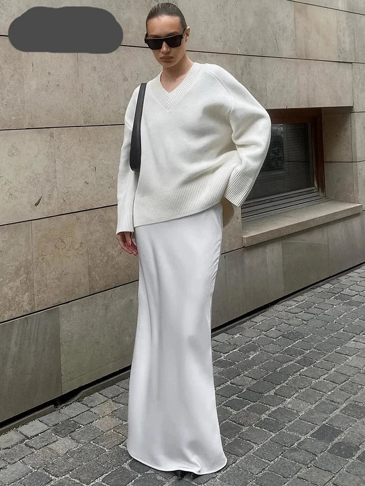 Elegant White High Waist Trumpet Skirts Street Chic Satin Long Skirts Female Autumn Polyester Floor-Length Silk Skirt 2023