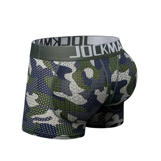 Sexy Men Padded Underwear Mesh Boxer Buttocks Lifter Enlarge Butt Push Up Pad Underpants Pouch Panties Camouflage Breathable