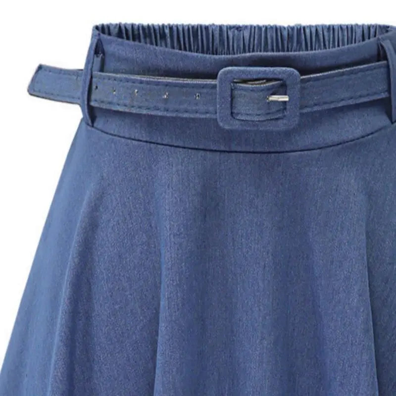 Women's Vintage High Waist A-Line Flared Midi Skirts with Belts Summer Autumn Pleated Long Denim Skirt