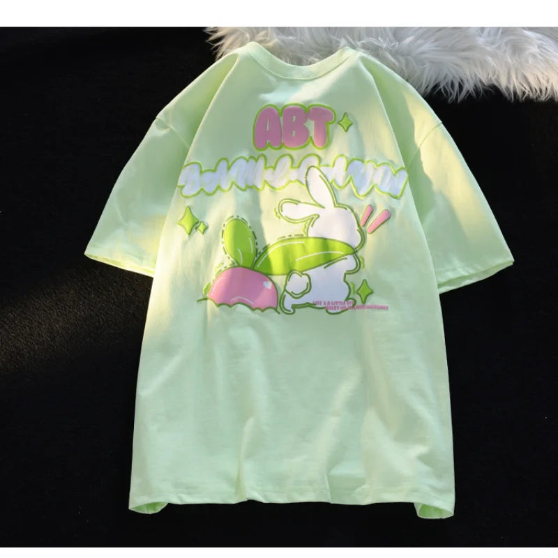 Cute Trendy Rabbit Print T Shirt for Women Sweet Casual All-match Short Sleeve Tee 2024 Summer New Women's T-shirt
