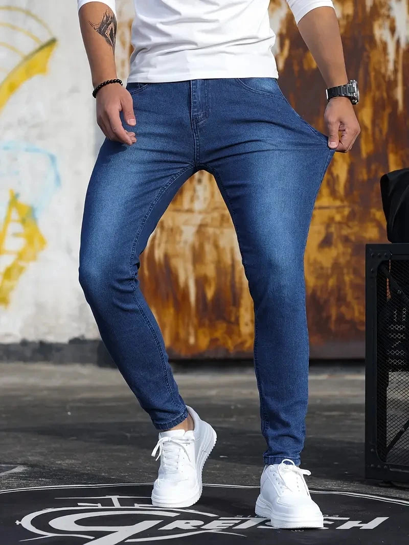 Man Pants Retro Washing Zipper Stretch Jeans Casual Slim Fit Trousers Male Plus Size Pencil Pants Denim Skinny Jeans for Men