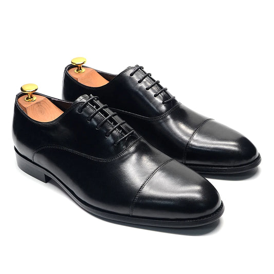 Luxury Genuine Leather Mens Business Dress Shoes Black Cap Toe Lace-Up Oxfords Company Office Wedding Party Formal Shoes for Men