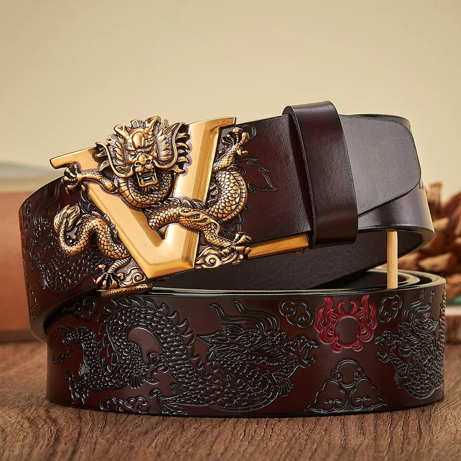 3.5CM Male Chinese Dragon Belt Cowskin Genuine Leather Belt for Men Carving Dragon Pattern Automatic Buckle Belt Strap