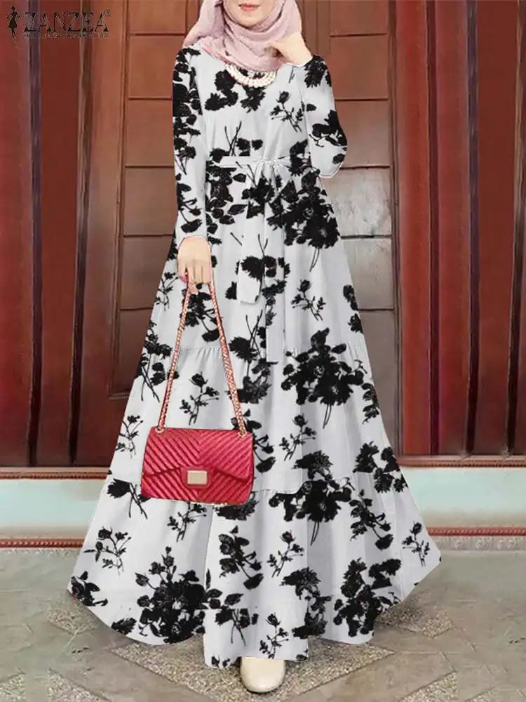 ZANZEA Spring Floral Printed Muslim Dress Long Sleeve Ramadan Turkey Vestidos Vintage Holiday Maxi Robe Kaftan Tunic Sundress