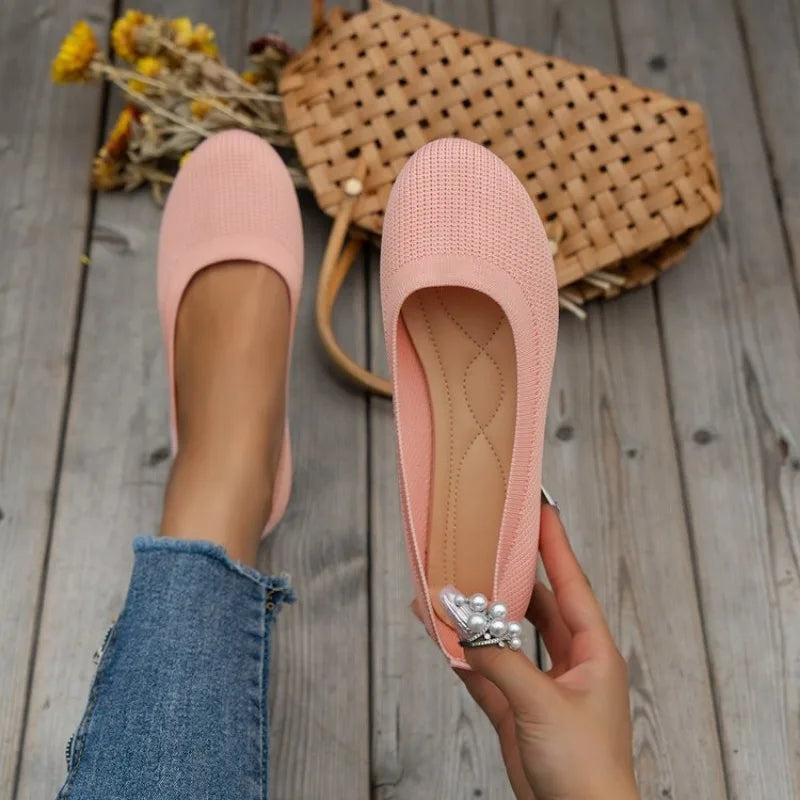 Spring and Autumn 2023 New Outwear Solid Color Oversized Shallow Cut Shoes Women's Knitted Comfort Flat Shoes Women