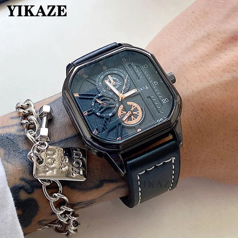 YIKAZE Men's Quartz Watches Alloy Dial Business Men Watch PU Leather Strap Square Sports Watch Cool Black Wristwatch for man