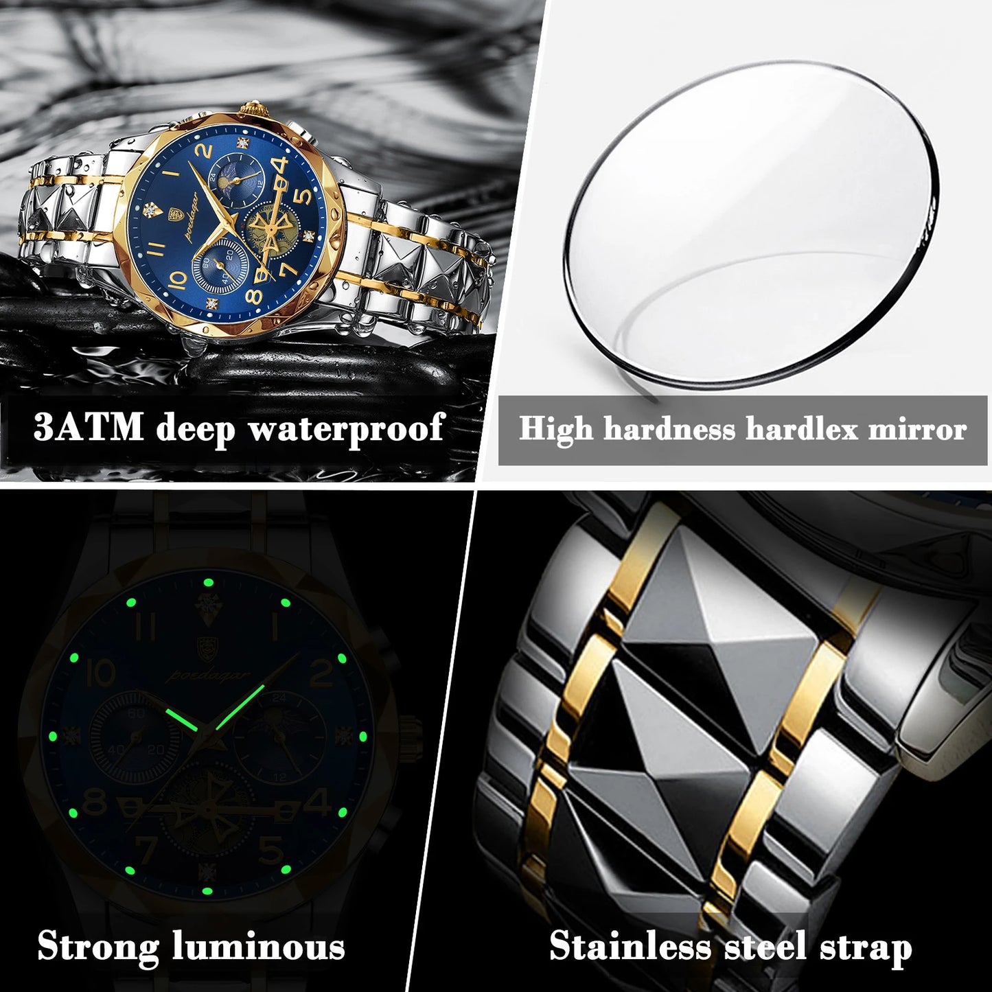 POEDAGAR Luxury Sports Watch Men Stainless Steel Man Quartz Wristwatch Waterproof Luminous Chronograph Men's Watches Clock Reloj