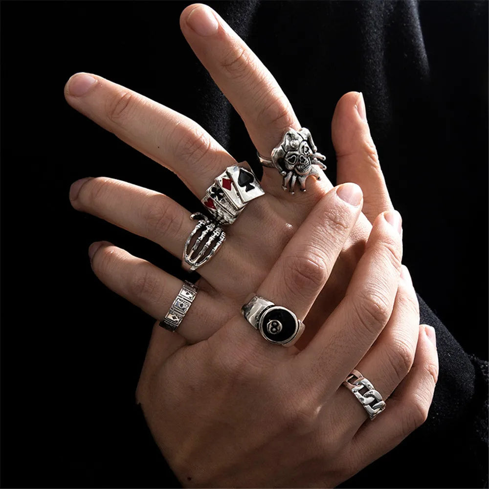6Pcs Punk Poker Joker Silver Color Rings for Men Goth Skeleton Billiards Set Couple Emo Fashion Jewelry Gift