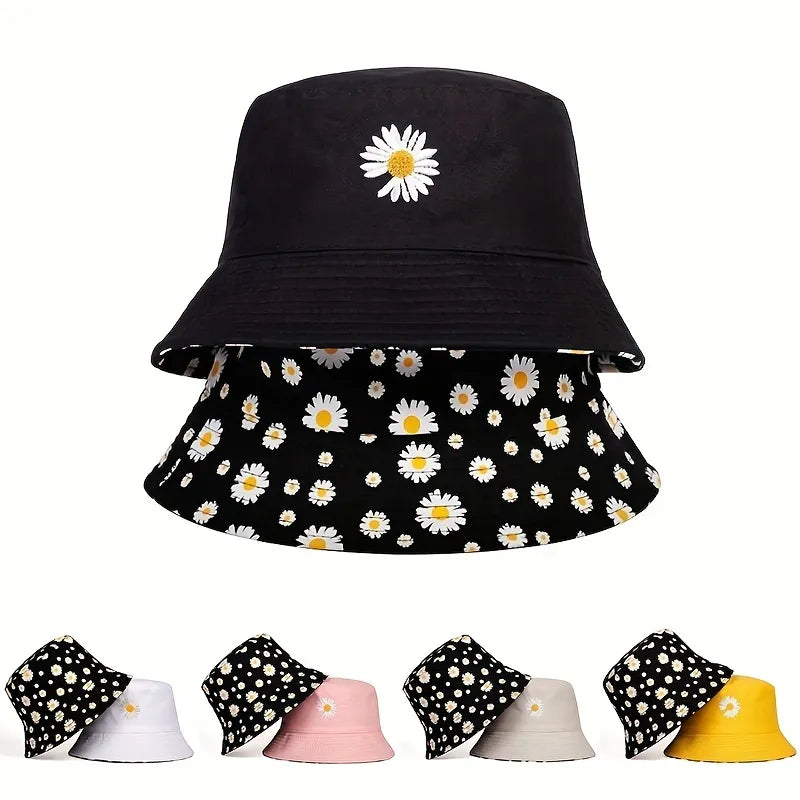 Summer Daisy Double-Sided  Bucket Hats Women's Embroidery Hip Hop Panama Bob Caps Folded Beach Sun Fisherman Hat For Ladies