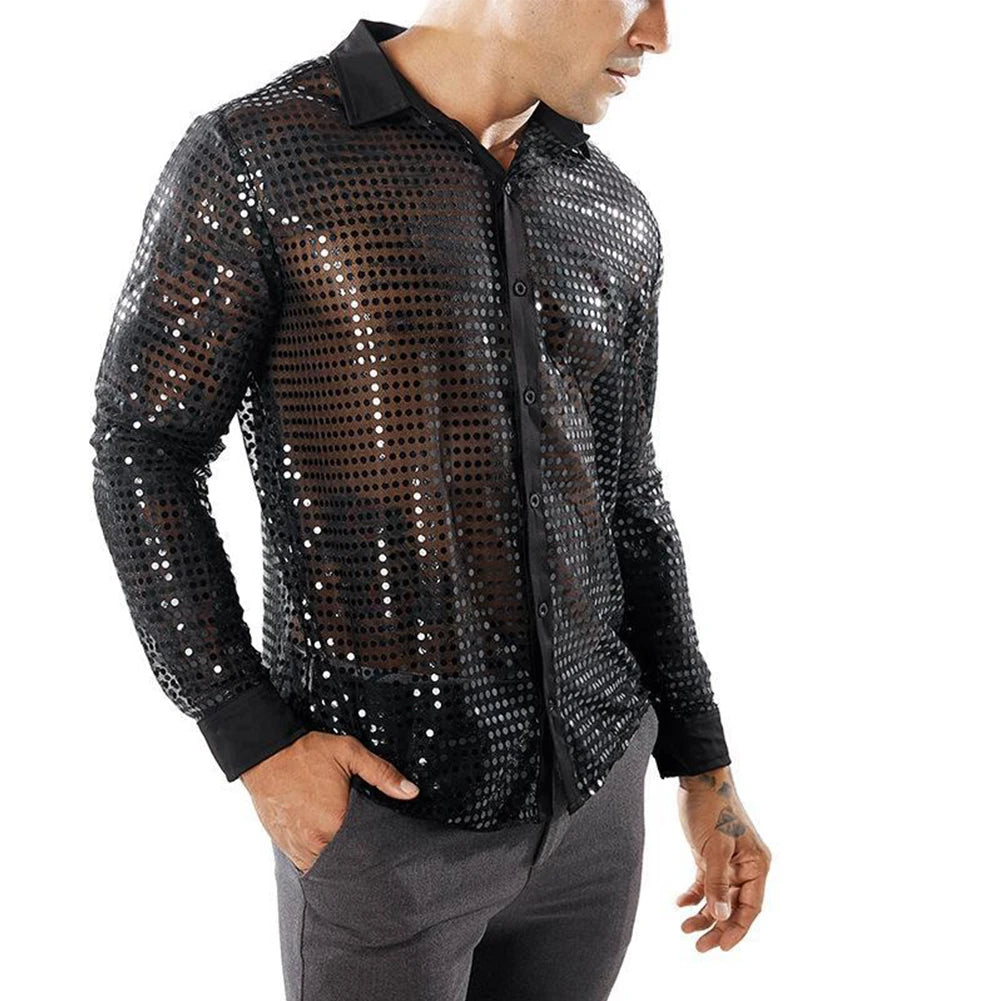 Men Sequined Shirt Retro 70s Disco Daily Polyester + Mesh + Sequin Brand New Spring High Quality Summer Winter