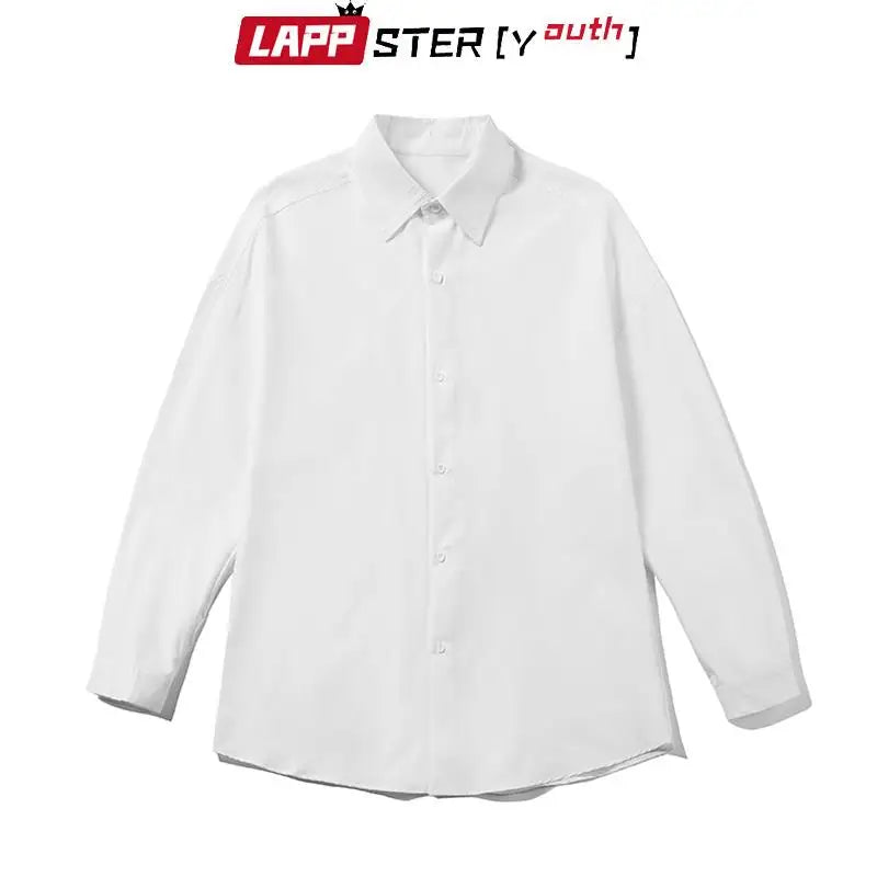 LAPPSTER-Youth Korean Fashion Black Long Sleeve Shirts 2023 Mens Harajuku Black Oversized Shirt Button Up Shirts Blouses 5XL