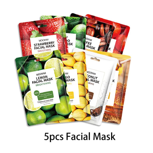 5pcs Sheet Masks Beauty Skincare Moisturizes Hydrates Anti-aging Whitening Fruits Face Mask for All Skin Types