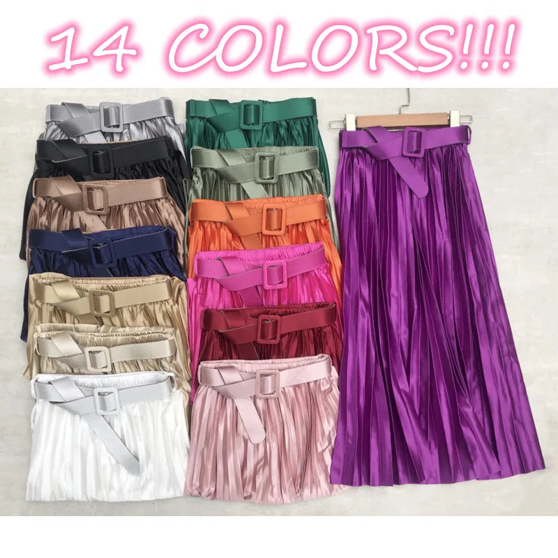Seoulish 2023 New Solid Elegant Stain Women's Pleated Skirts with Belted High Waist Skirts Mi-long Umbrella Skirt Spring Summer