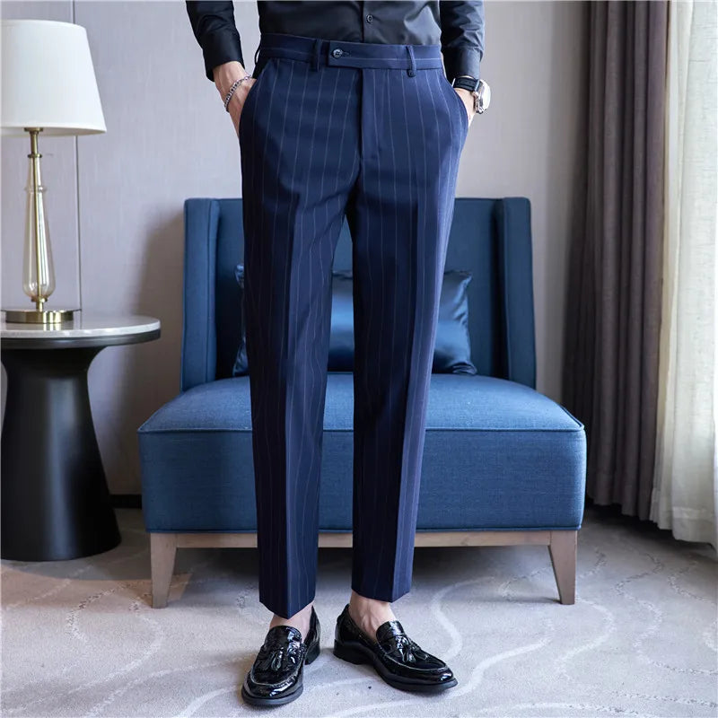 Men's Striped Suit Pants Elastic 2023 Autumn New Social Casual Trousers Slim Fit Suit Pants Business Office Wedding Men Clothing