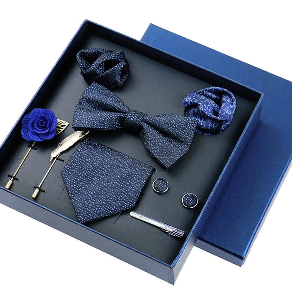 8-piece Set Bussiness Blue Ties For Mans Floral Brooches Pin Cufflinks Tie Clips Butterfly Bowtie Wedding Accessori Gift Box Set