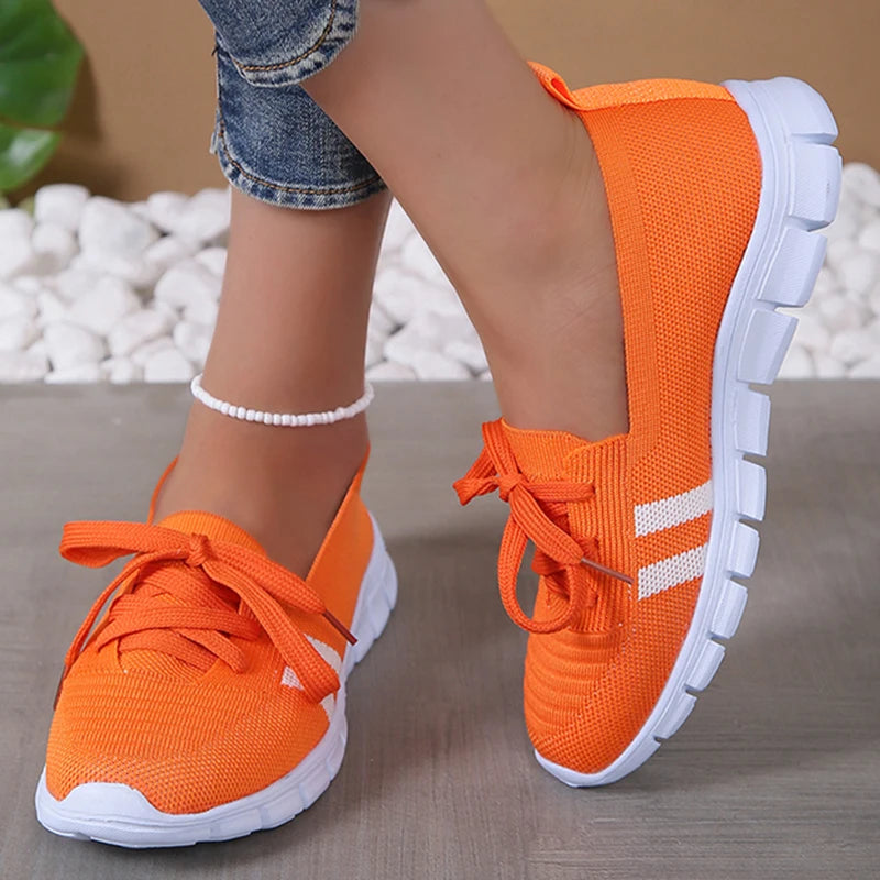 Breathable Knitted Striped Flats Shoes Women Casual Lace-Up Soft Sole Sneakers Woman Super Size 43 Lightweight Non-Slip Loafers