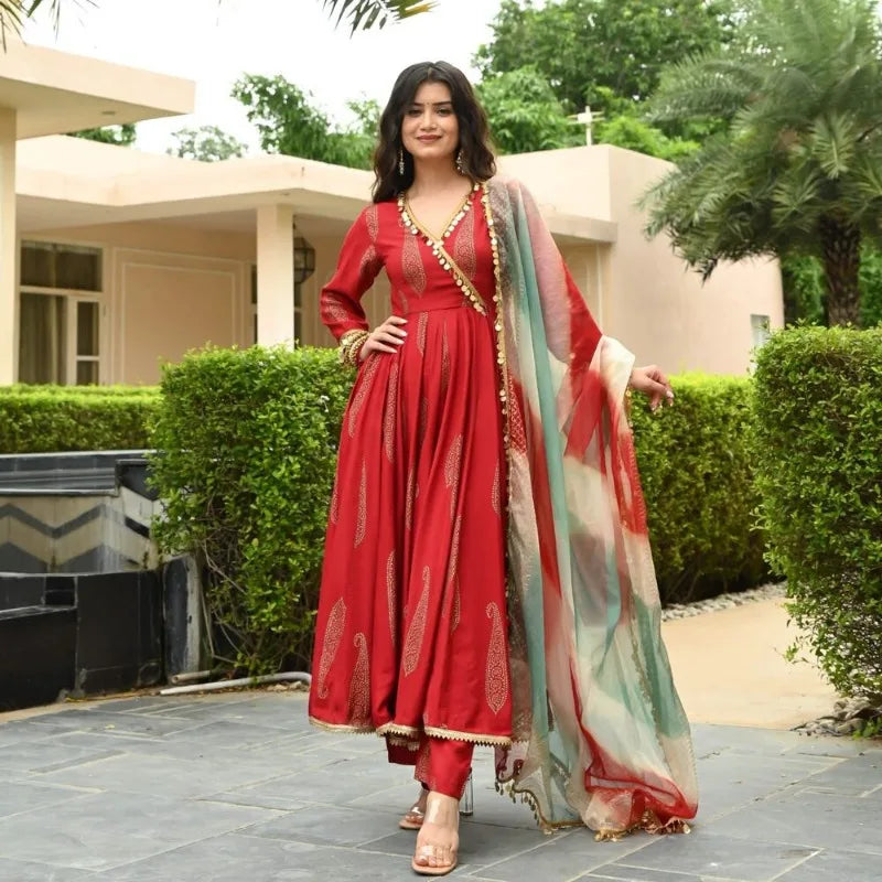 Red V-neck Anarkali Gown Kurti Pants Dupatta Indian Diwali Dress for Women