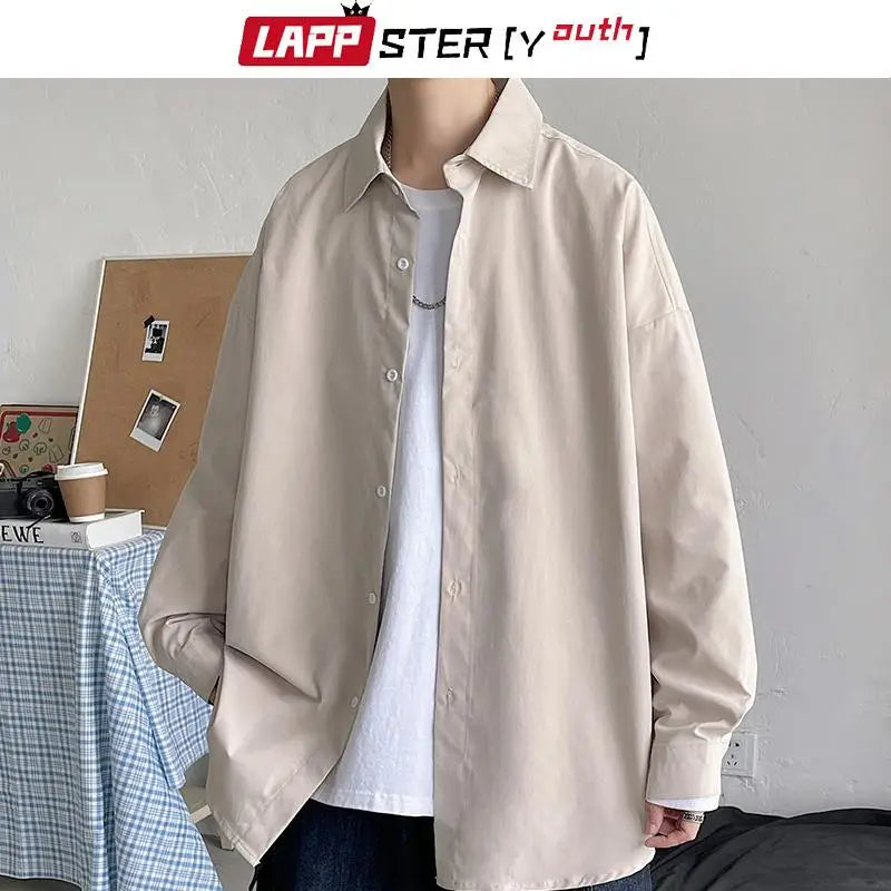 LAPPSTER-Youth Korean Fashion Black Long Sleeve Shirts 2023 Mens Harajuku Black Oversized Shirt Button Up Shirts Blouses 5XL