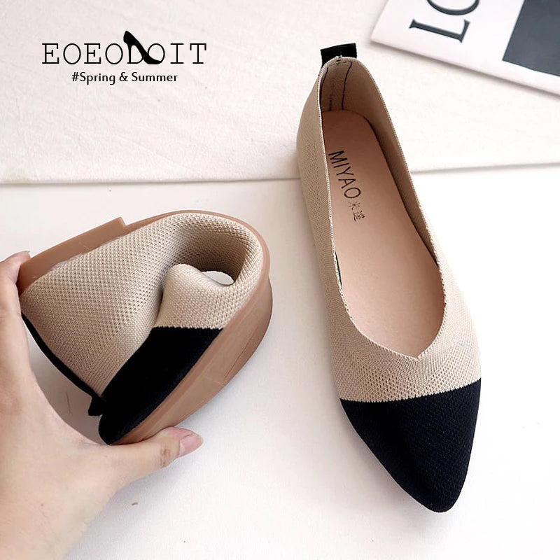 Women’s Ballet Flats Knits  Shoes Pointed Toe Patchwork Slip On Ballerina Walking Flats Shoes Woman