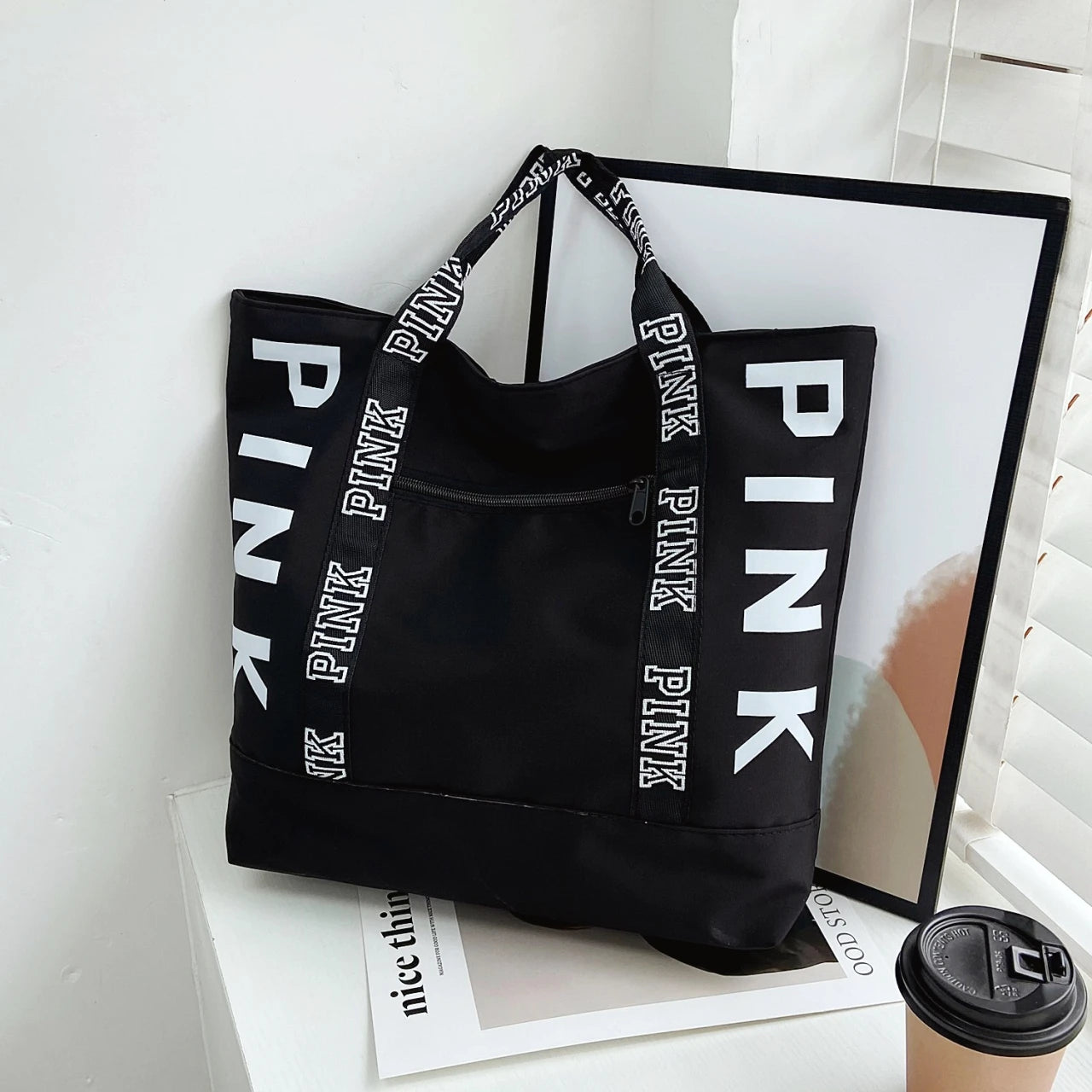 Pink Letter Graphic Tote Handbags Woman Shoulder Bags Casual Sports Fitness Tote Bag Nylon Fabric Bags Women Handbag