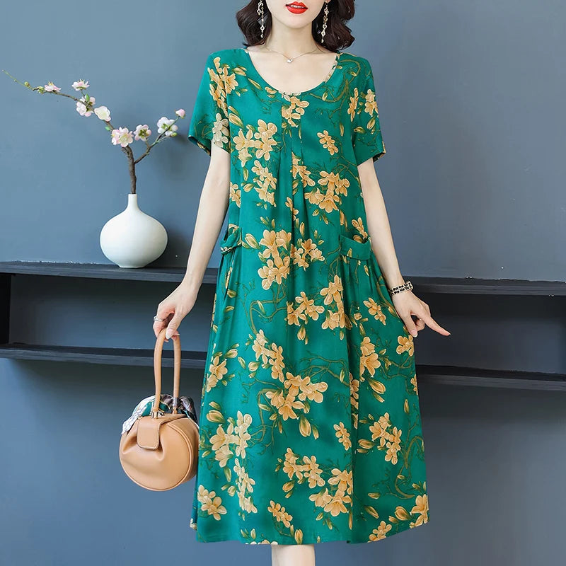 2023 New Arrival Summer Floral Dress Woman Loose O-neck Casual Short Sleeve Sundress Vintage Dresses for Women Clothing