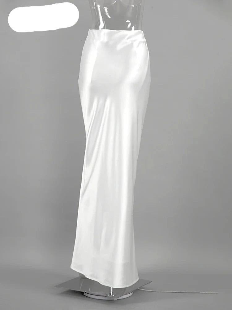 Elegant White High Waist Trumpet Skirts Street Chic Satin Long Skirts Female Autumn Polyester Floor-Length Silk Skirt 2023