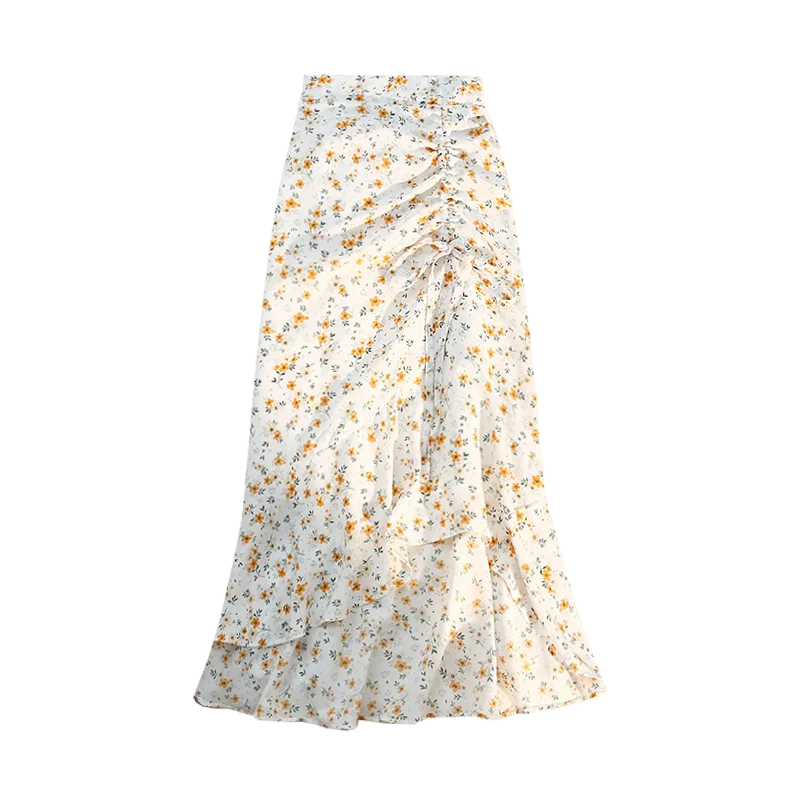 Seoulish Women Spring Summer Irregular Skirt Elastic High Waist Elegant Chiffon Floral Printed Pencil Midi Skirt Female 2024 New