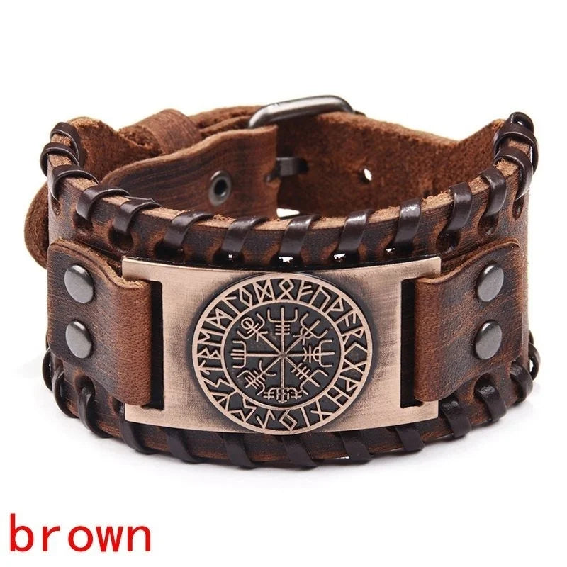 New Retro Wide Leather Pirate Compass Bracelet Men's Bracelet Celtic Viking Jewelry Compass Bracelet Accessories Party Gifts