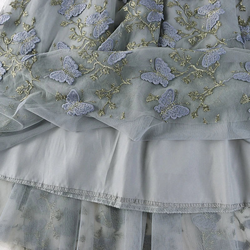 Qooth Women Embroidery Butterfly Tulle Gauze Skirt Elegant Sweet Elastic Waist Midi Floral Mesh Skirt For Spring Summer QT2167