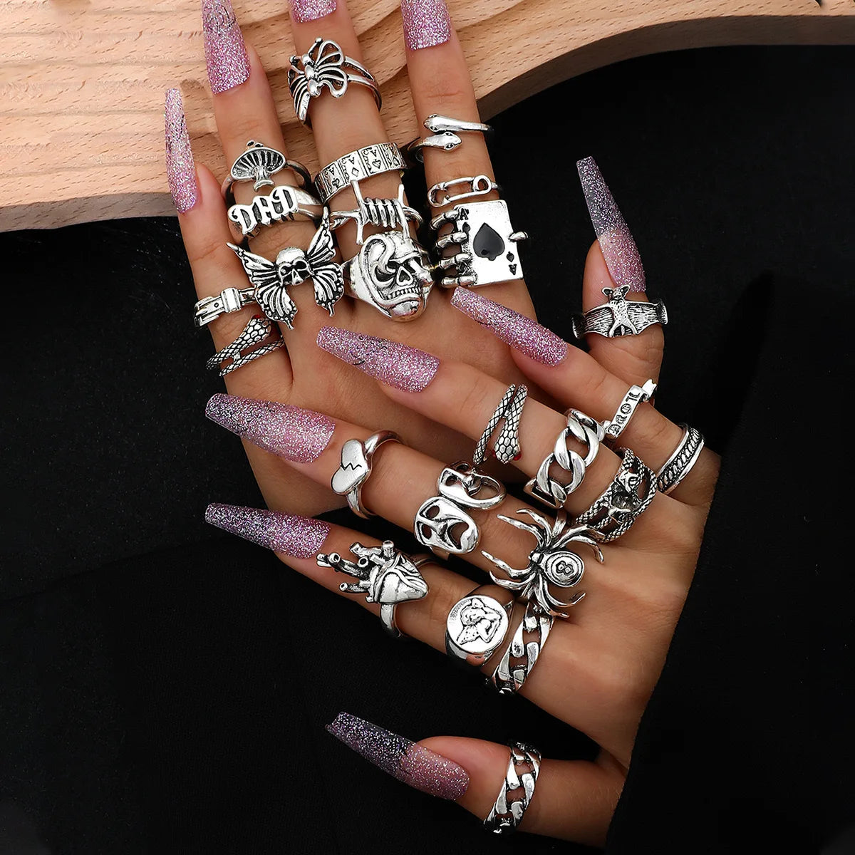 Vintage Punk Metal Multi Element Ring Set for Women Men Antique Silver Color Butterfly Snake Skull Finger Rings Gothic Jewelry