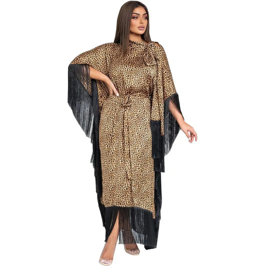 Leopard Print Dubai Batwing Sleeve Tassel Evening Party Abayas Saudi Belted Dresses Shalwar Kameez Moroccan Gulf Women Kaftan
