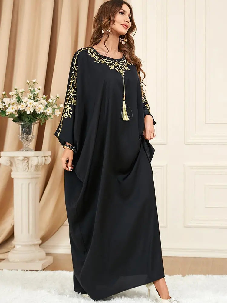 Muslim Floral Golden Embroidery Casual Abaya Long Sleeve Batwing Sleeve Tassel Dress Moroccan Dubai Abaya Women Robe Dubai Abaya