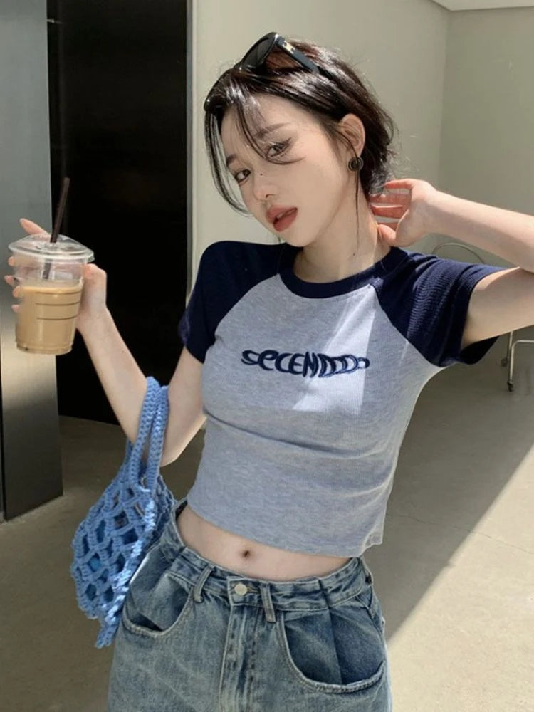 2024 Summer Streetwear Cartoon Letter Print Tops Tshirt Korean Style Slim Elasticity O-Neck T-Shirt Clothes Women Tee Crop Tops