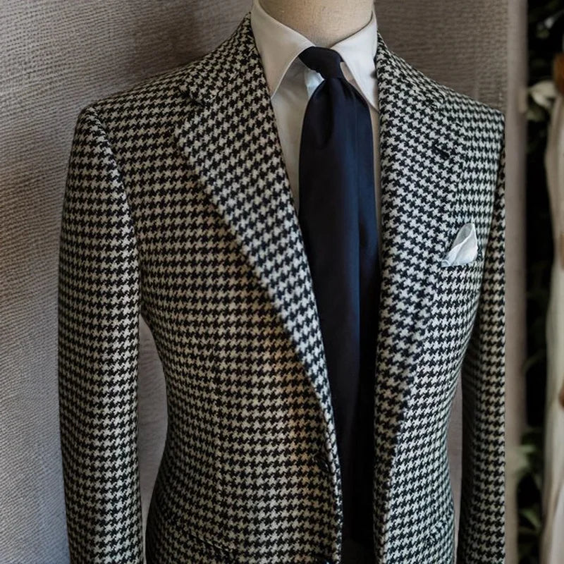 Houndstooth Business Blazer for Men 2023 Plaid Notched Lapel Suit Jacket Formal Male Fashion Coat