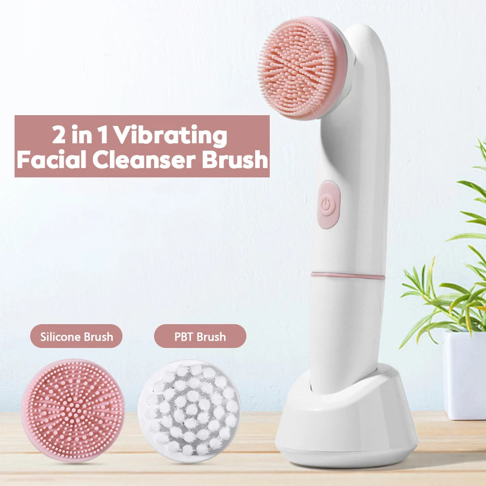 2 in 1 Electric Face Cleansing Brush For Facial Skin Care Wash Sonic Vibration Massage Tool Acne Pore Blackhead Silicone Cleaner