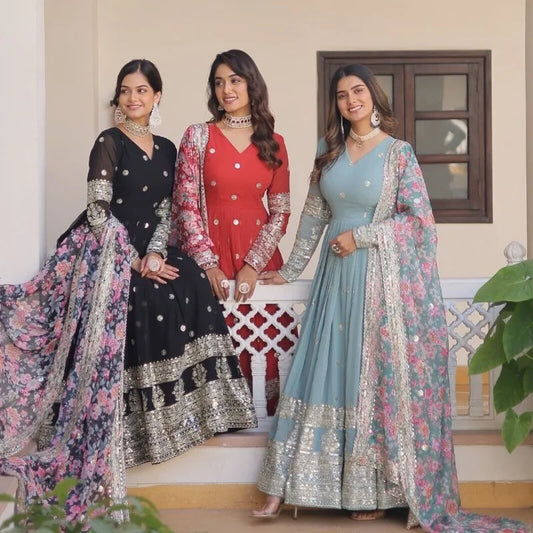 V-neck Salwar Kameez Readymade Palazzo Kurta Dupatta Set Women Wedding Partywear