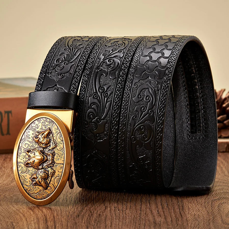 3.5CM Wolf Designer Belt for Men Retro Automatic Buckle Arts and Crafts Belt Male Genuine Cow Leather Waist Band Honorable Strap
