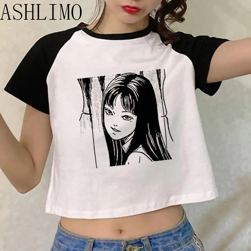 New Anime Ito Junji T-shirt Women Harajuku Kawaii Korea Casual Kawaii Crop Tops Y2K T-shirt White Patchwork T Shirt