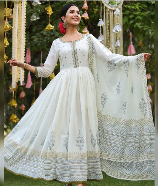 Indian Dress Handmade Cotton Anarkali Printed Women Kurti with Dupatta Gift for Bride
