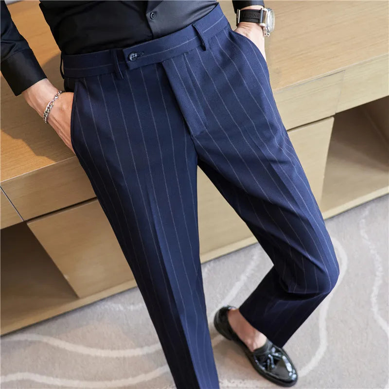 Men's Striped Suit Pants Elastic 2023 Autumn New Social Casual Trousers Slim Fit Suit Pants Business Office Wedding Men Clothing