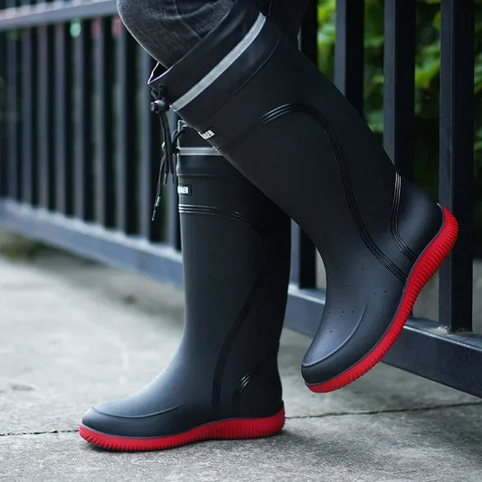 Men's Rain Boots Long Tube Water Shoes Non-slip Waterproof Safety Work Shoes Black Red Platform Cotton high-top outer wear